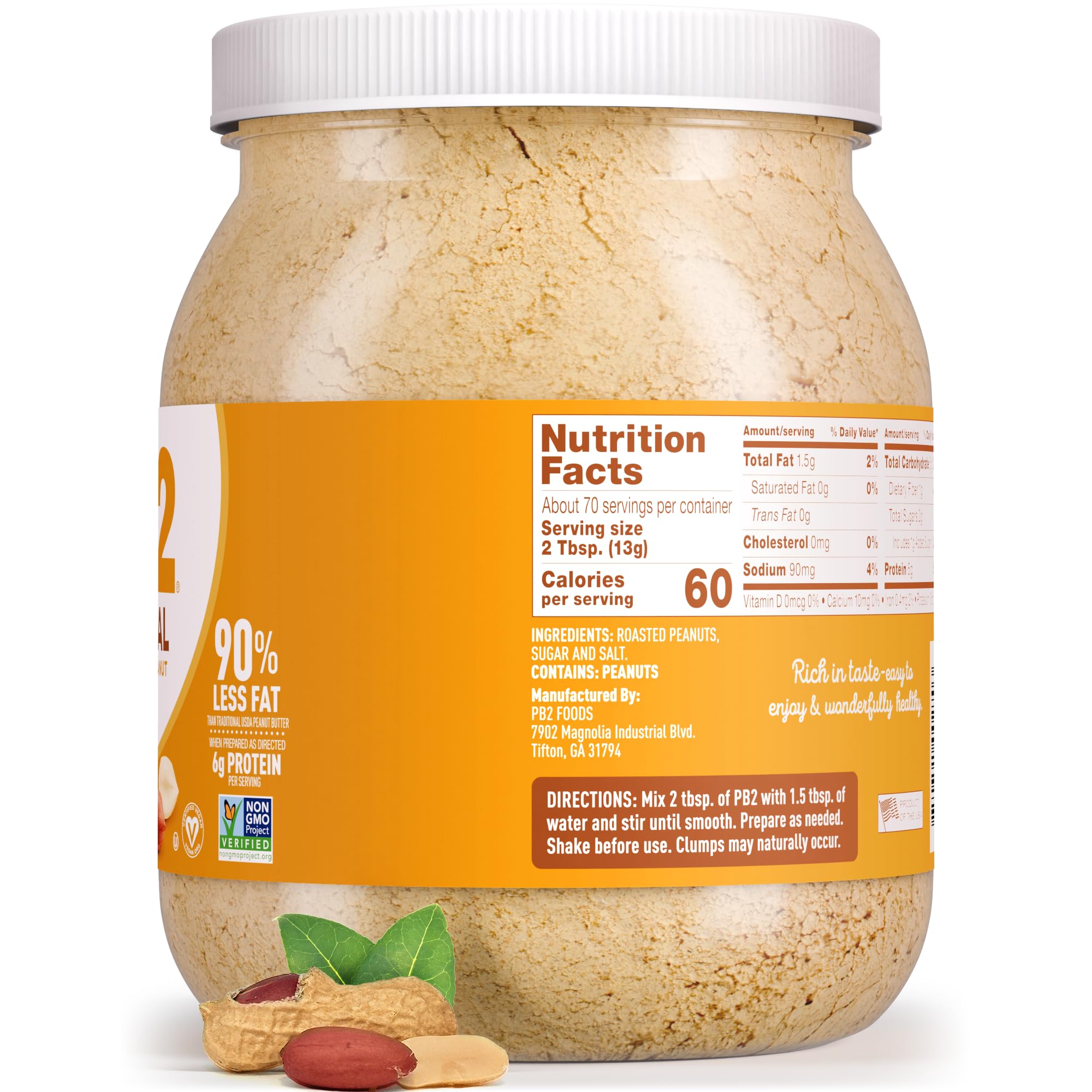 Hand holding 32oz PB2 jar for scale, PB2 bulk size supports frequent use