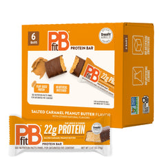 PBfit front packaging showing six salted caramel peanut butter bars and nutrition highlights