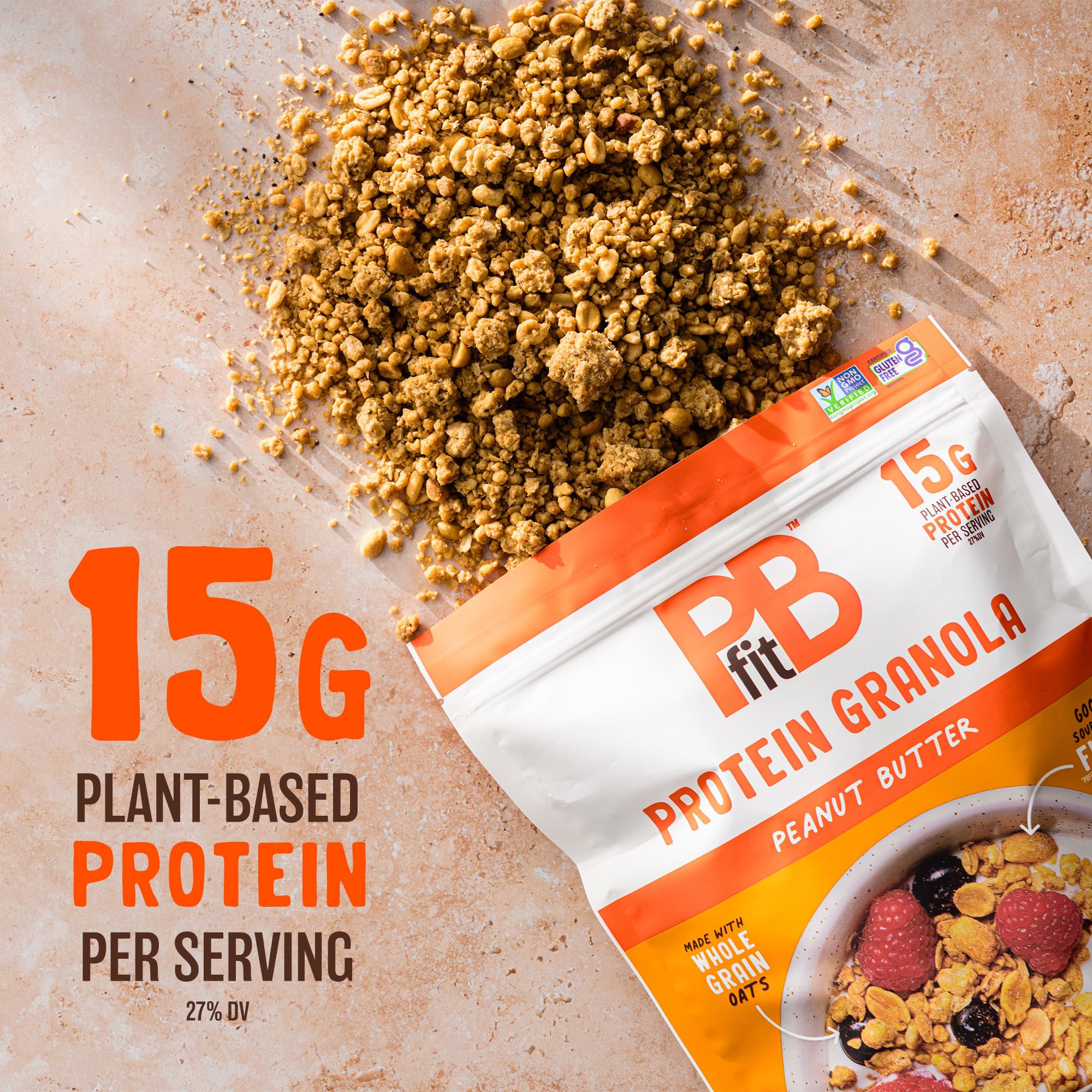 PBfit granola close-up texture highlighting crunchy bites and protein-packed appeal