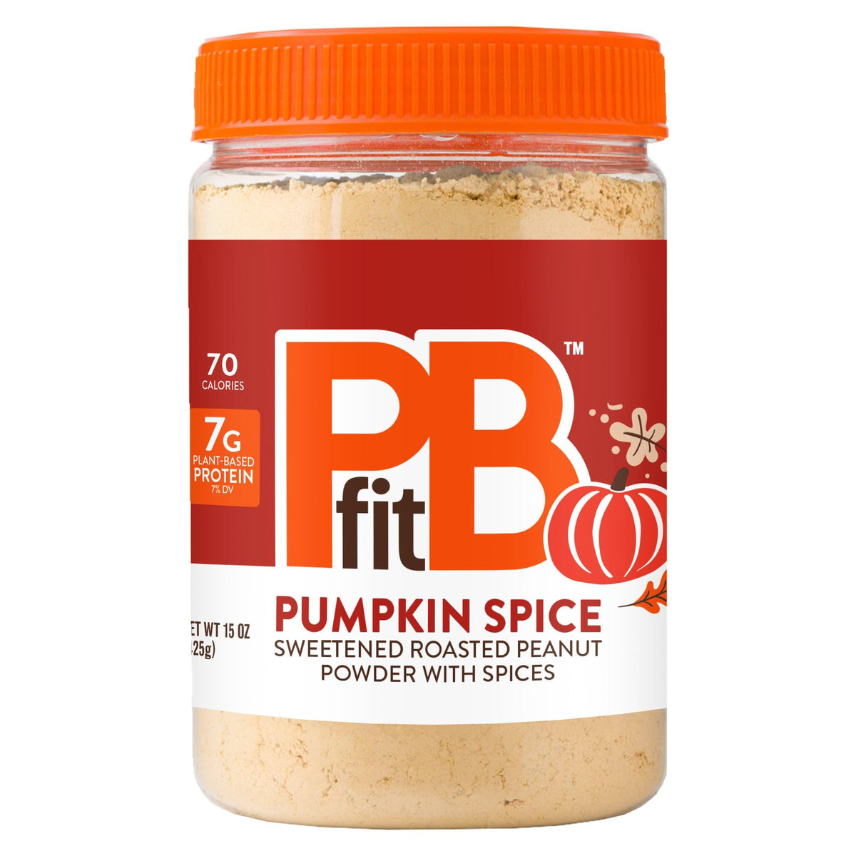 PBfit front jar showing pumpkin spice peanut butter powder and brand