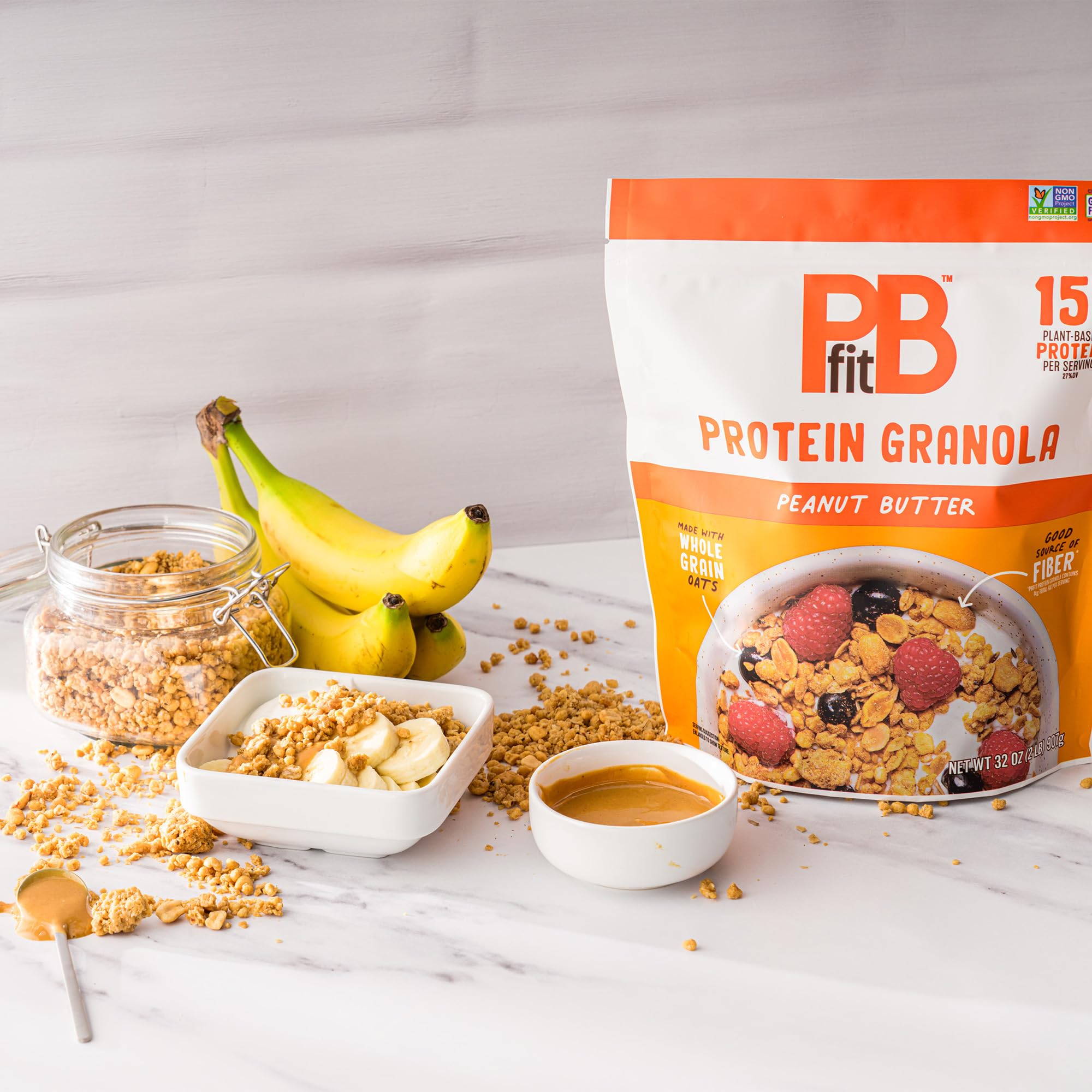 PBfit 32oz bag size and scale comparison showing pantry-ready volume and value