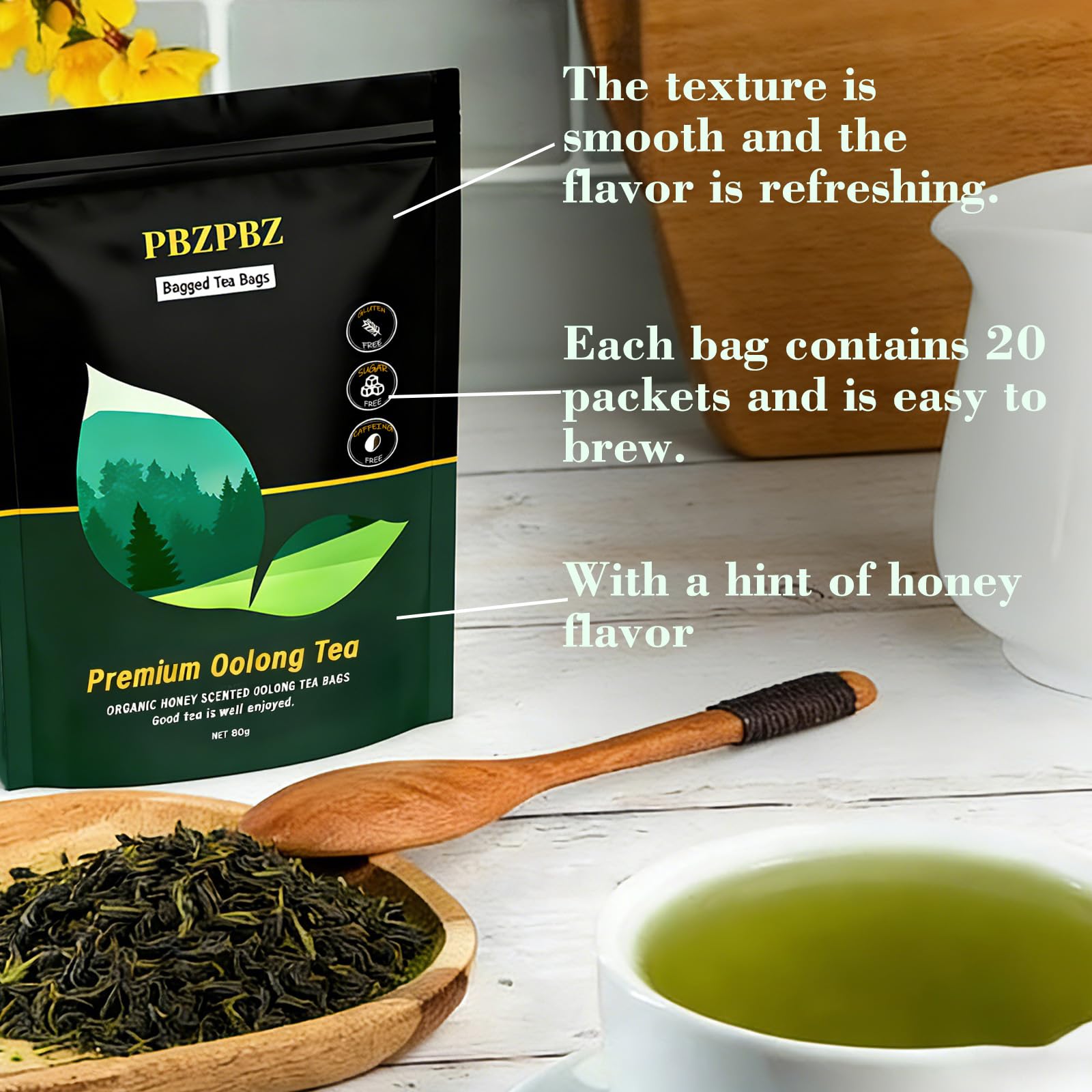 PBZ tea bag close-up revealing intact whole leaves and aroma