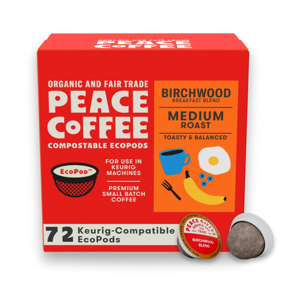 Peace Coffee front packaging showing 72-count pods and clear product identity benefits