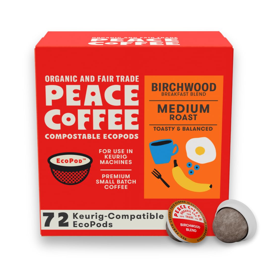 Peace Coffee front packaging showing 72-count pods and clear product identity benefits