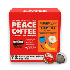 Peace Coffee front packaging showing 72-count pods and clear product identity benefits