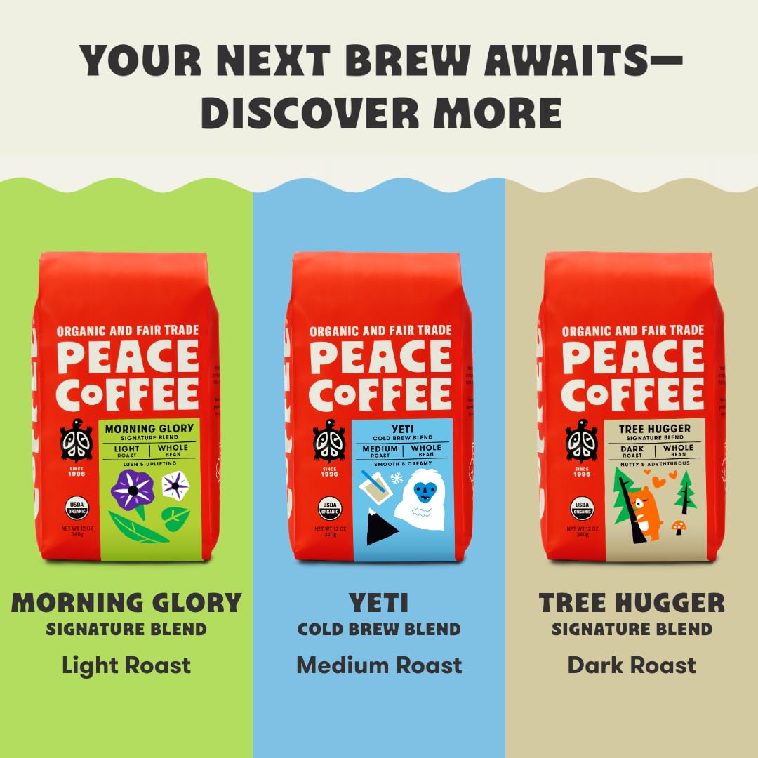 Peace Coffee label and certifications close-up showing organic and fair-trade credibility