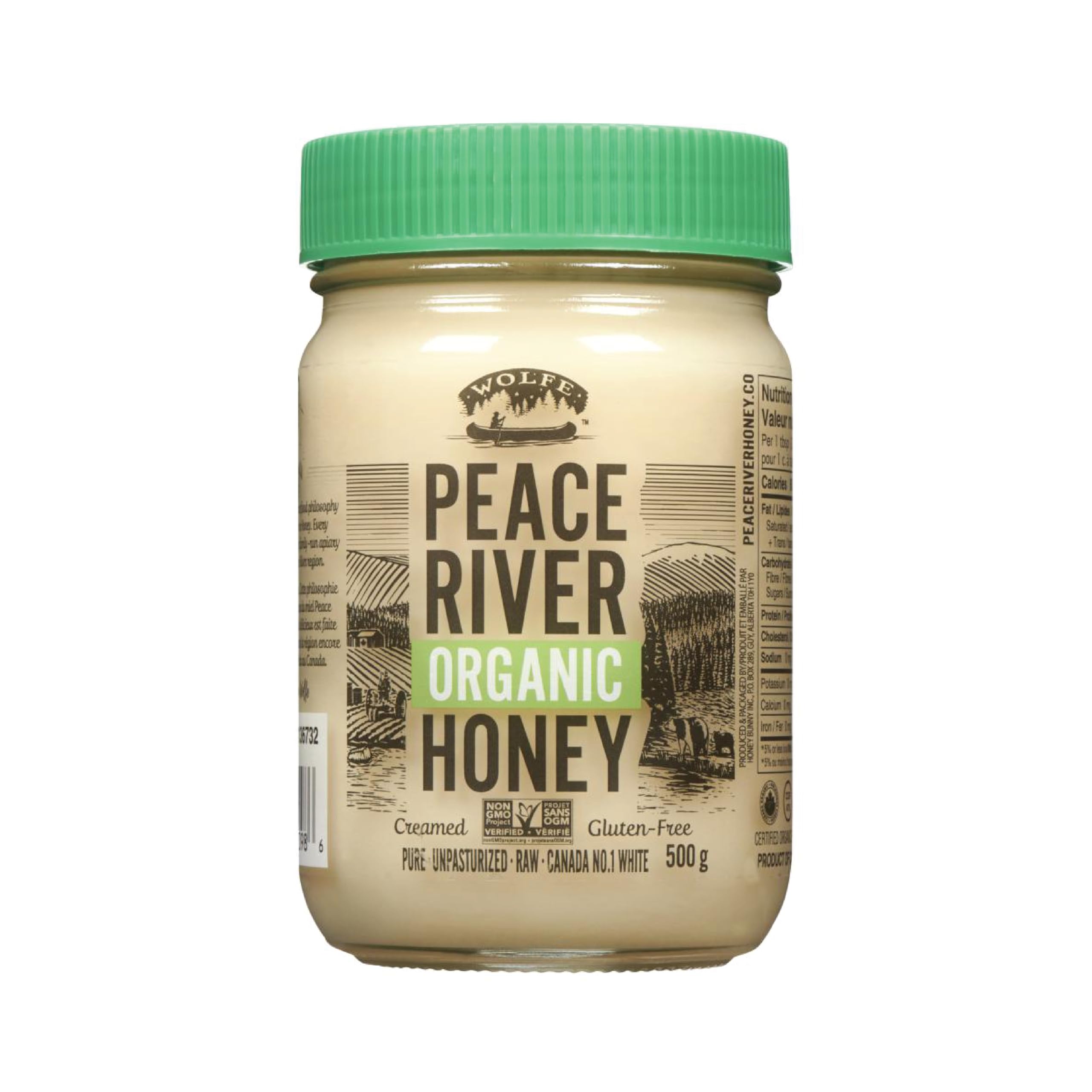 Peace River jar front label showing 16oz glass and organic badge, clear branding benefit