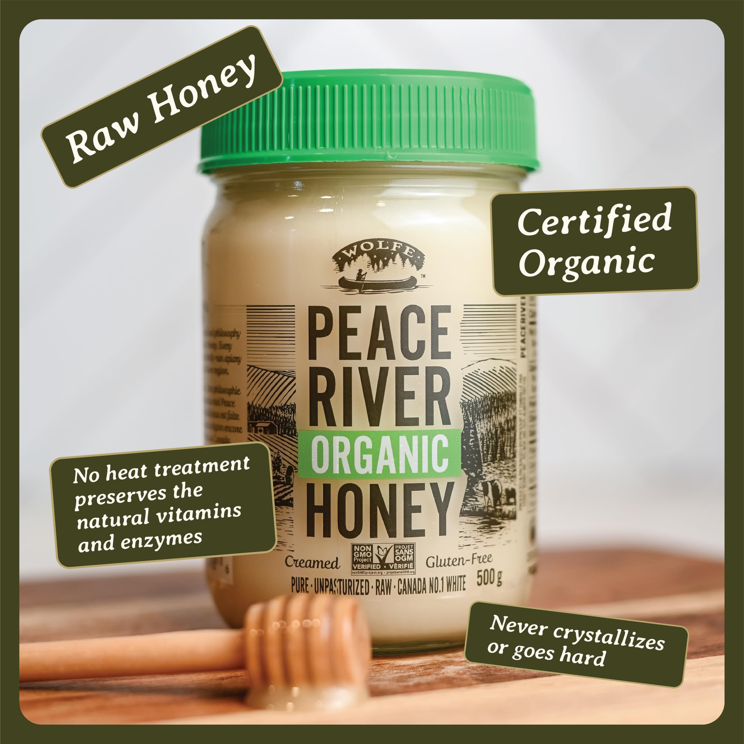 Peace River spoon serving creamed honey over toast, demonstrating easy use benefit