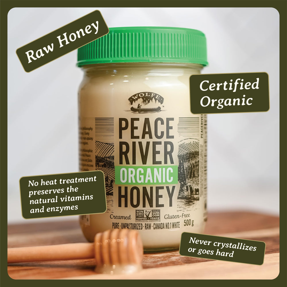 Peace River spoon serving creamed honey over toast, demonstrating easy use benefit