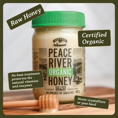 Peace River spoon serving creamed honey over toast, demonstrating easy use benefit