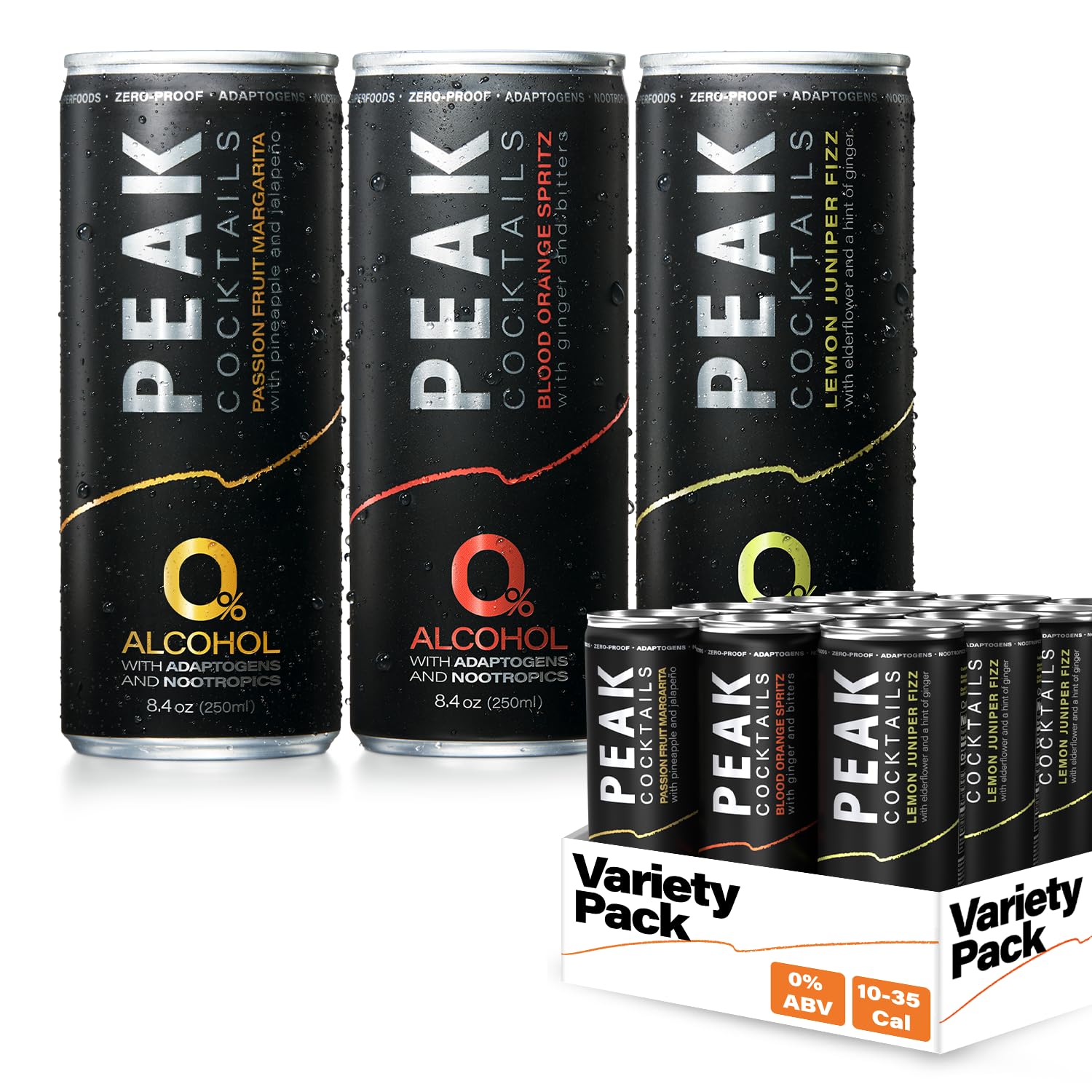 Peak Cocktails front packaging showing 12-pack and variety assortment for convenient serving