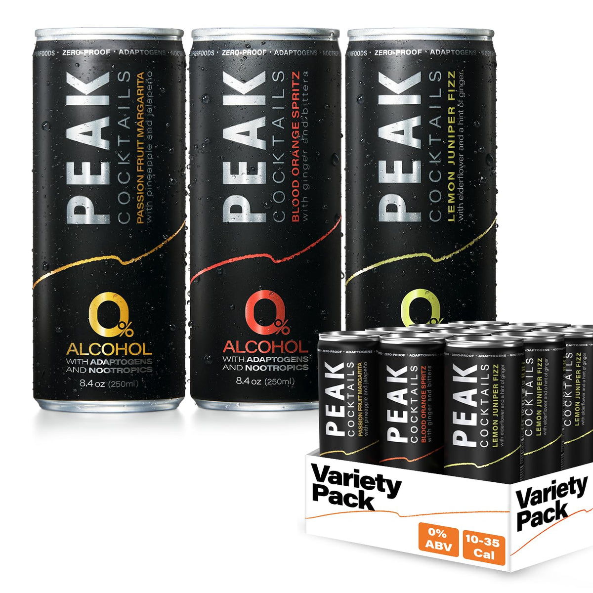 Peak Cocktails front packaging showing 12-pack and variety assortment for convenient serving