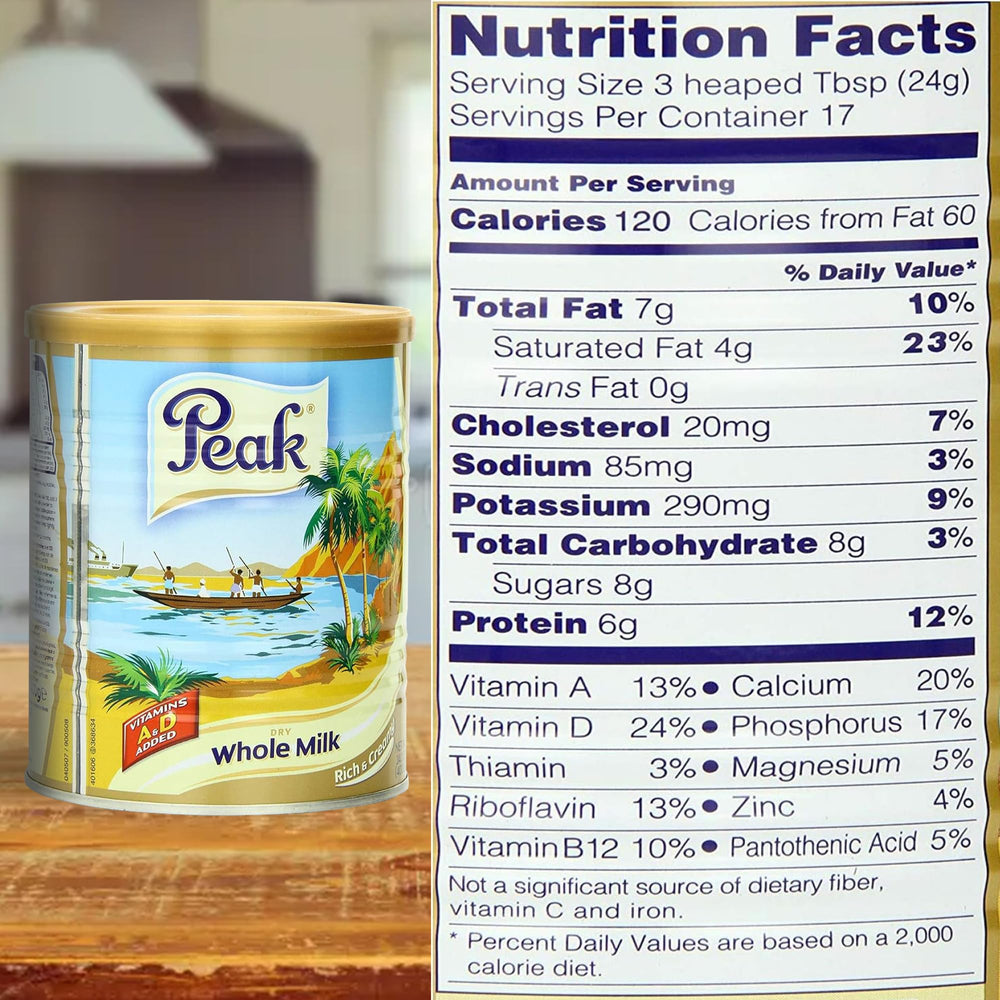 Pantry shelf with Peak 400g beside food items illustrating compact storage and long life