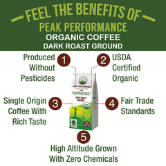 Peak Performance bag label reading single origin Guatemala and USDA organic benefits