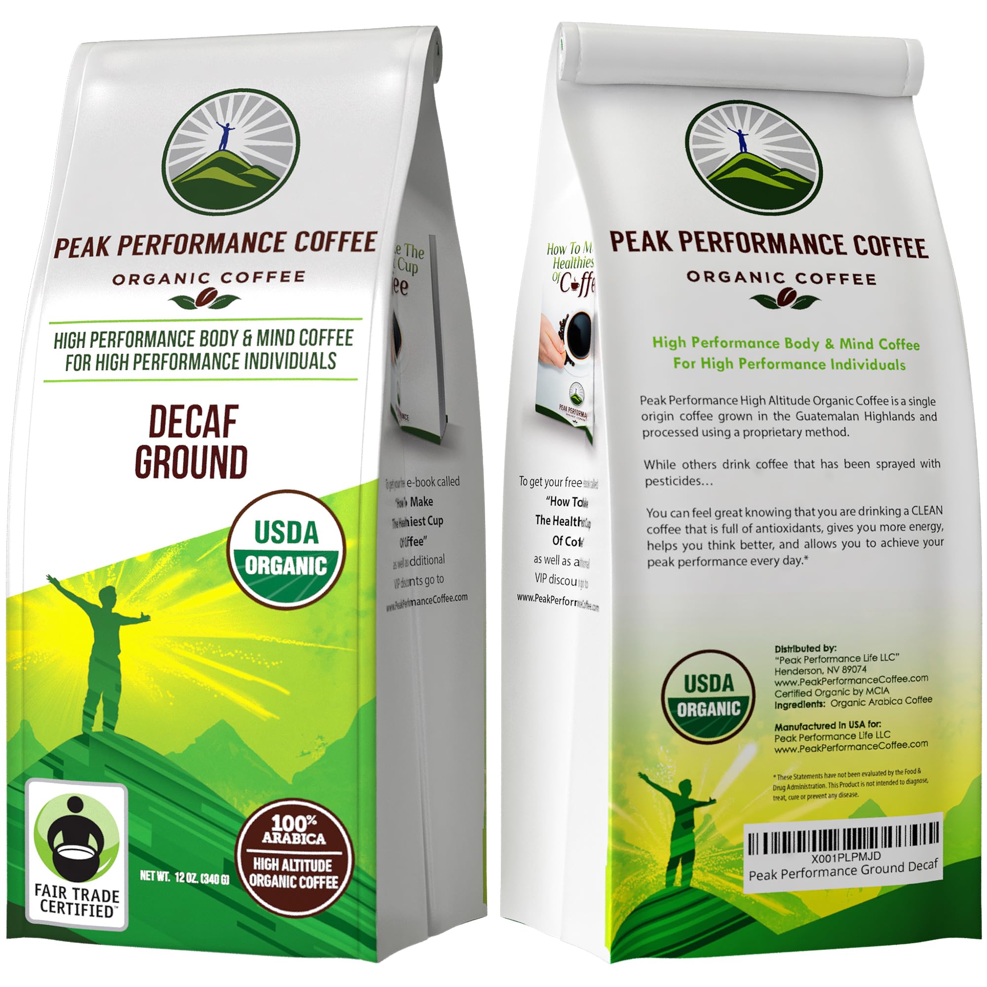 Peak Performance label close-up showing USDA Organic and Fair Trade, communicates ethical standards