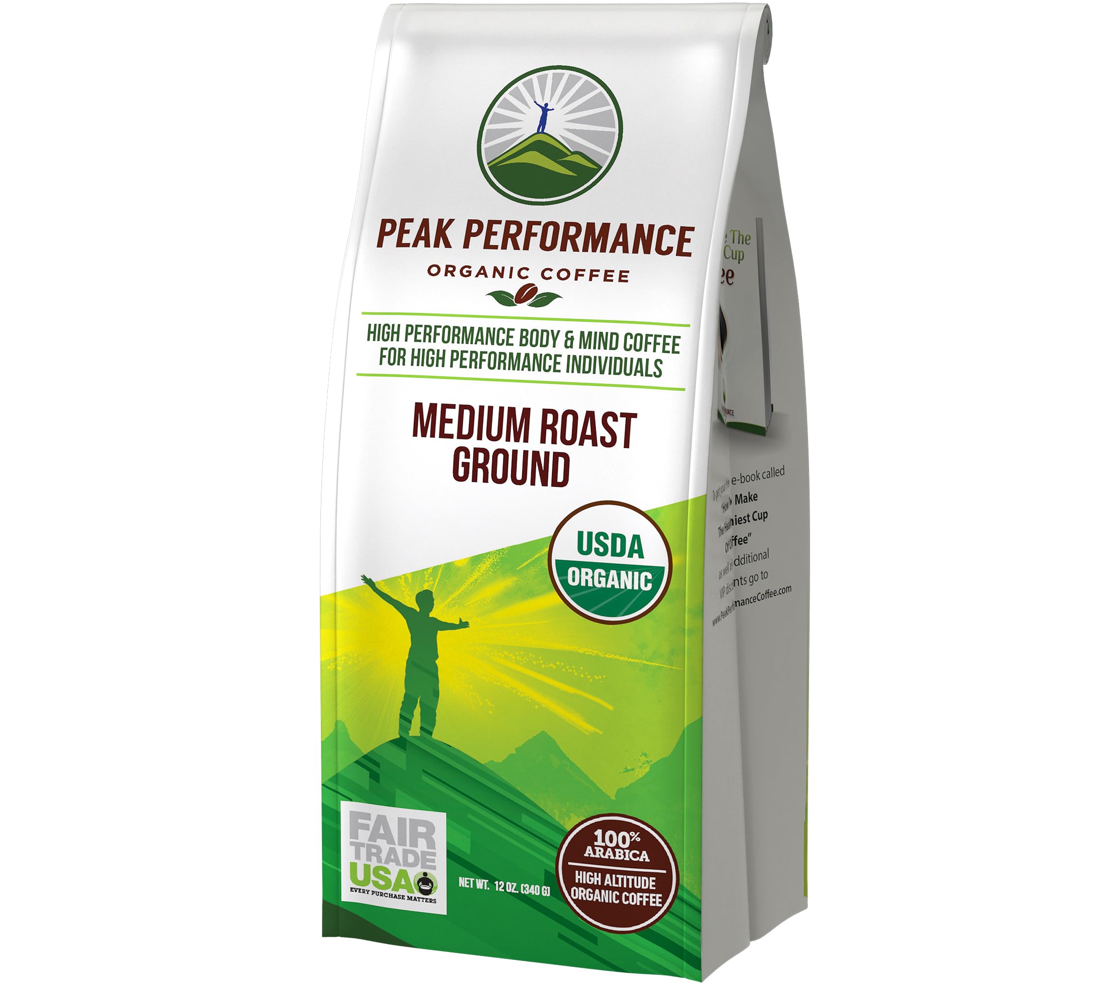 Peak Performance front bag showing organic and fair trade benefits