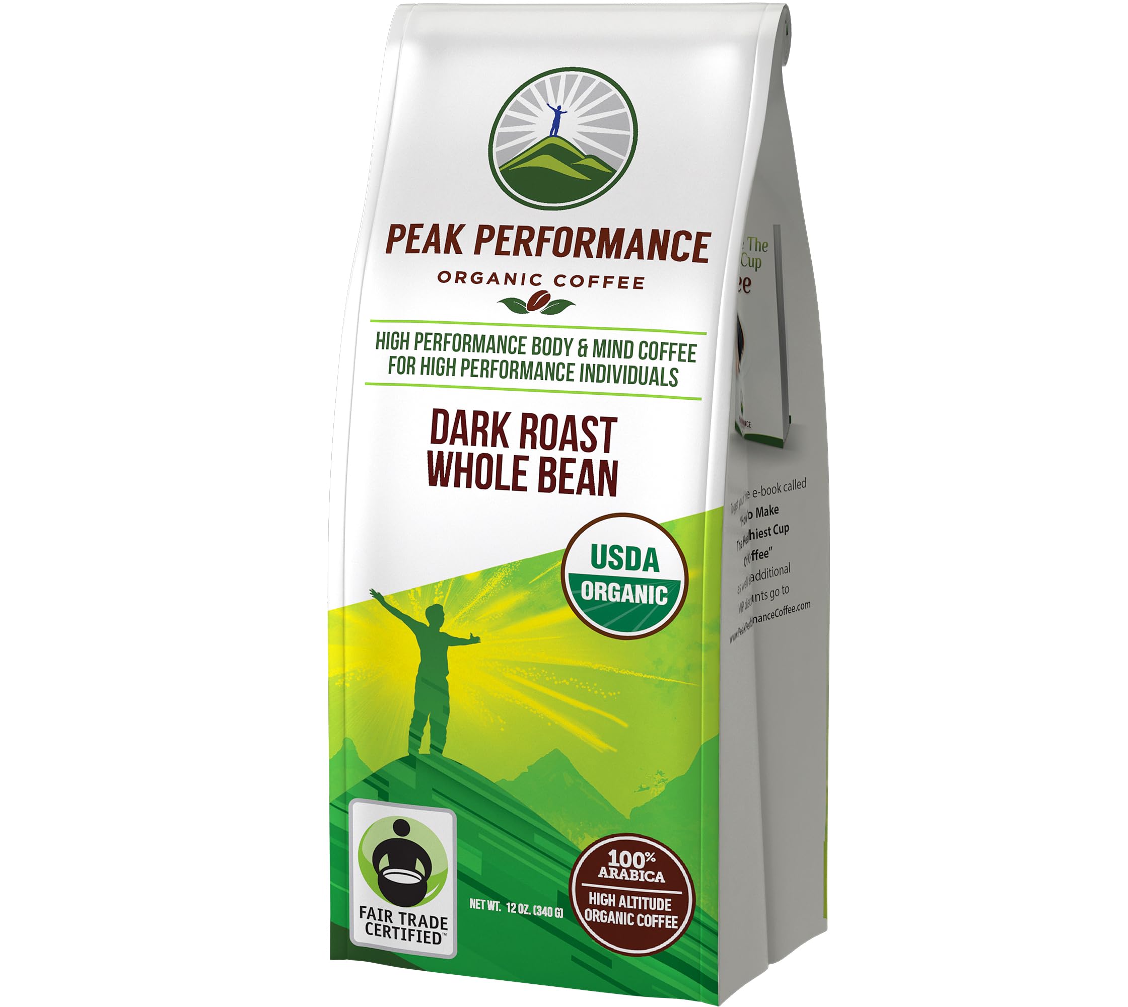 Peak Performance front of bag showing organic dark roast and Fair Trade benefits