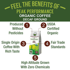 Peak Performance ground coffee texture in scoop, illustrates even grind for consistent brewing