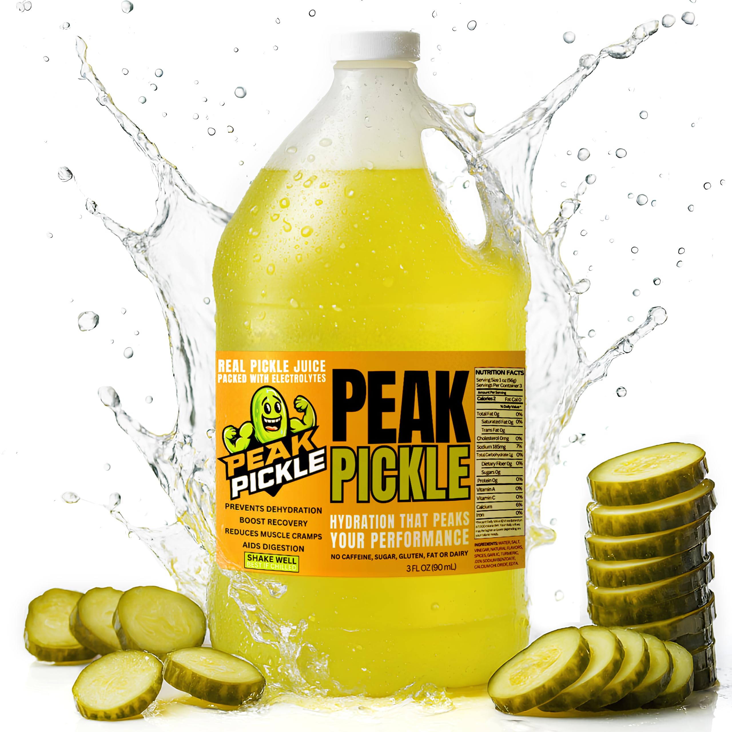 Peak Pickle gallon bottle front view showing brand and benefits