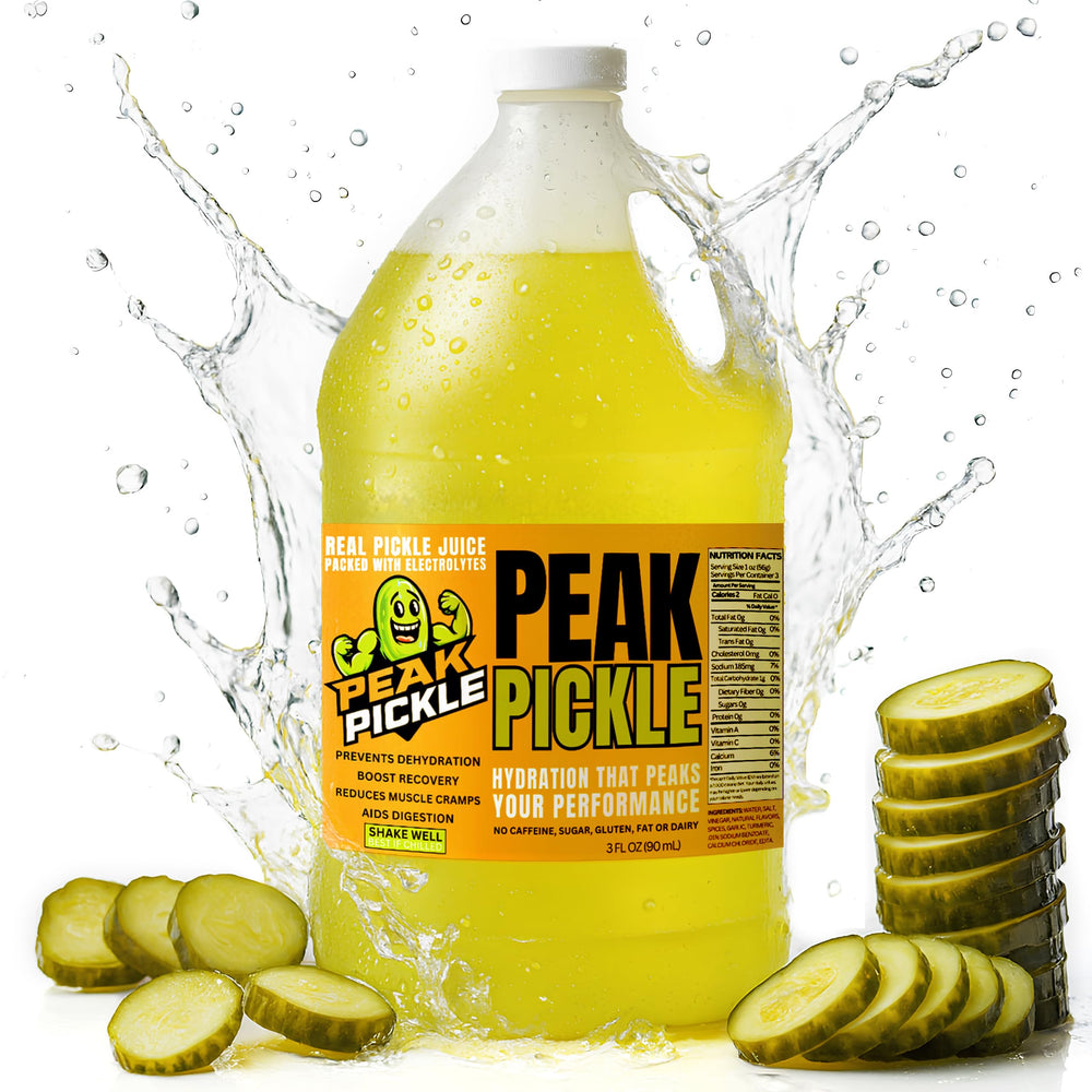 Peak Pickle gallon bottle front view showing brand and benefits