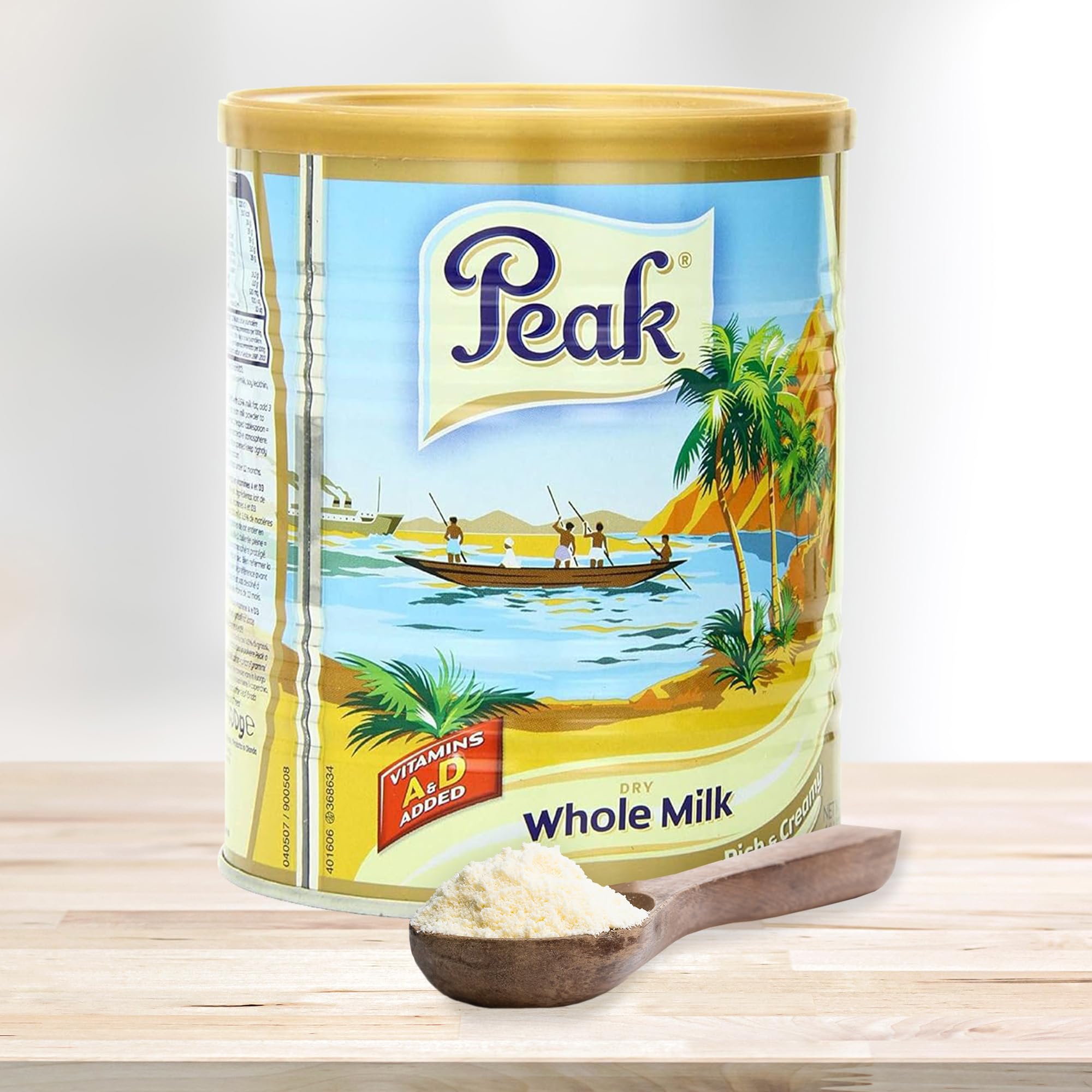 Wooden spoon scooping Peak powder demonstrating portioning convenience and no clumps