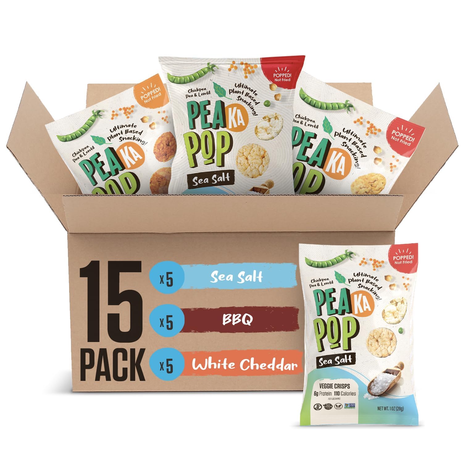 PeaKaPop front packaging showing full 15 pack convenience and variety