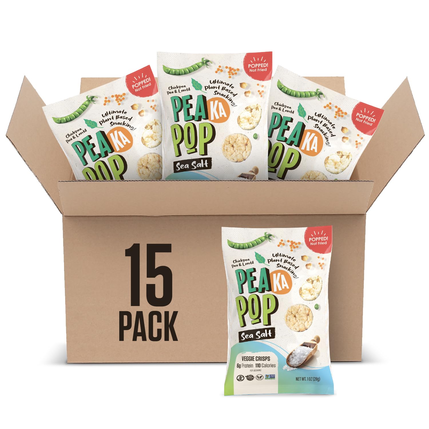 PeaKaPop front packaging sea salt showing snack benefits and branding