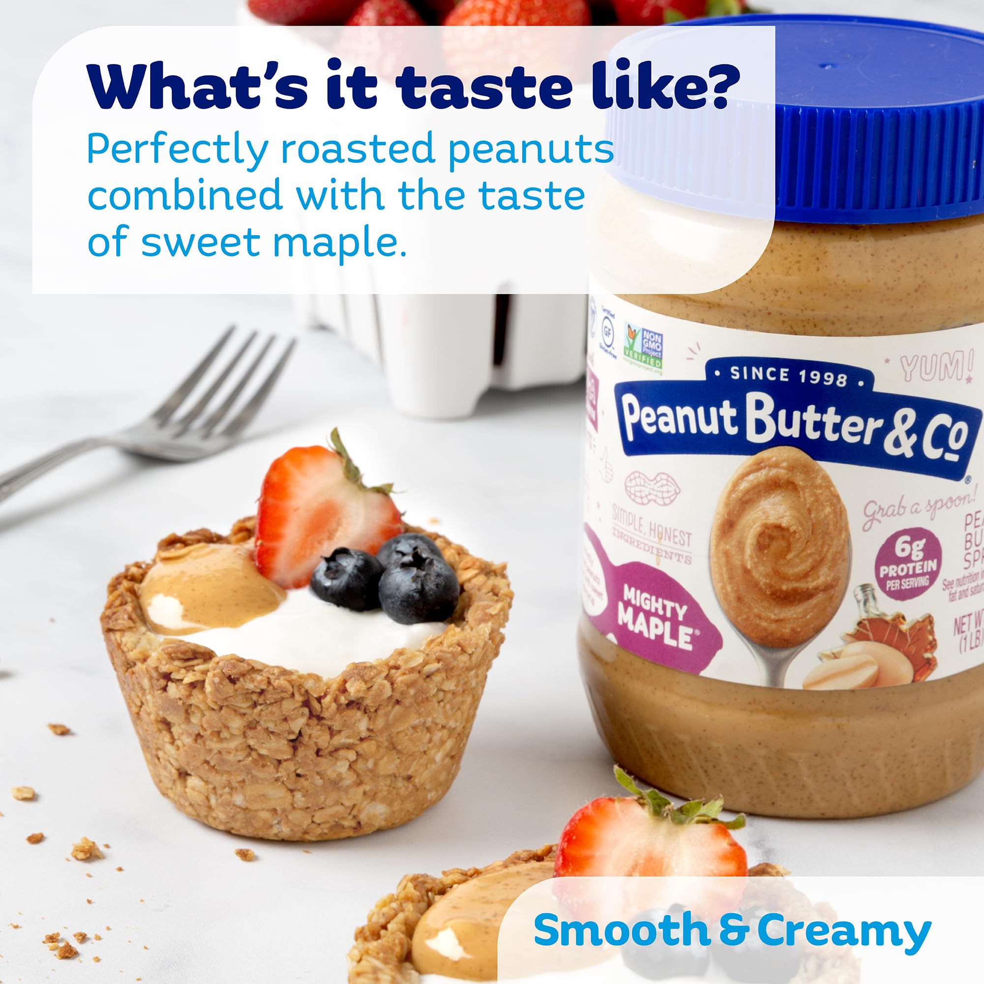 Peanut Butter & Co. drizzled over pancakes adding maple sweetness to breakfast