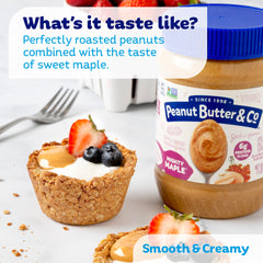 Peanut Butter & Co. drizzled over pancakes adding maple sweetness to breakfast