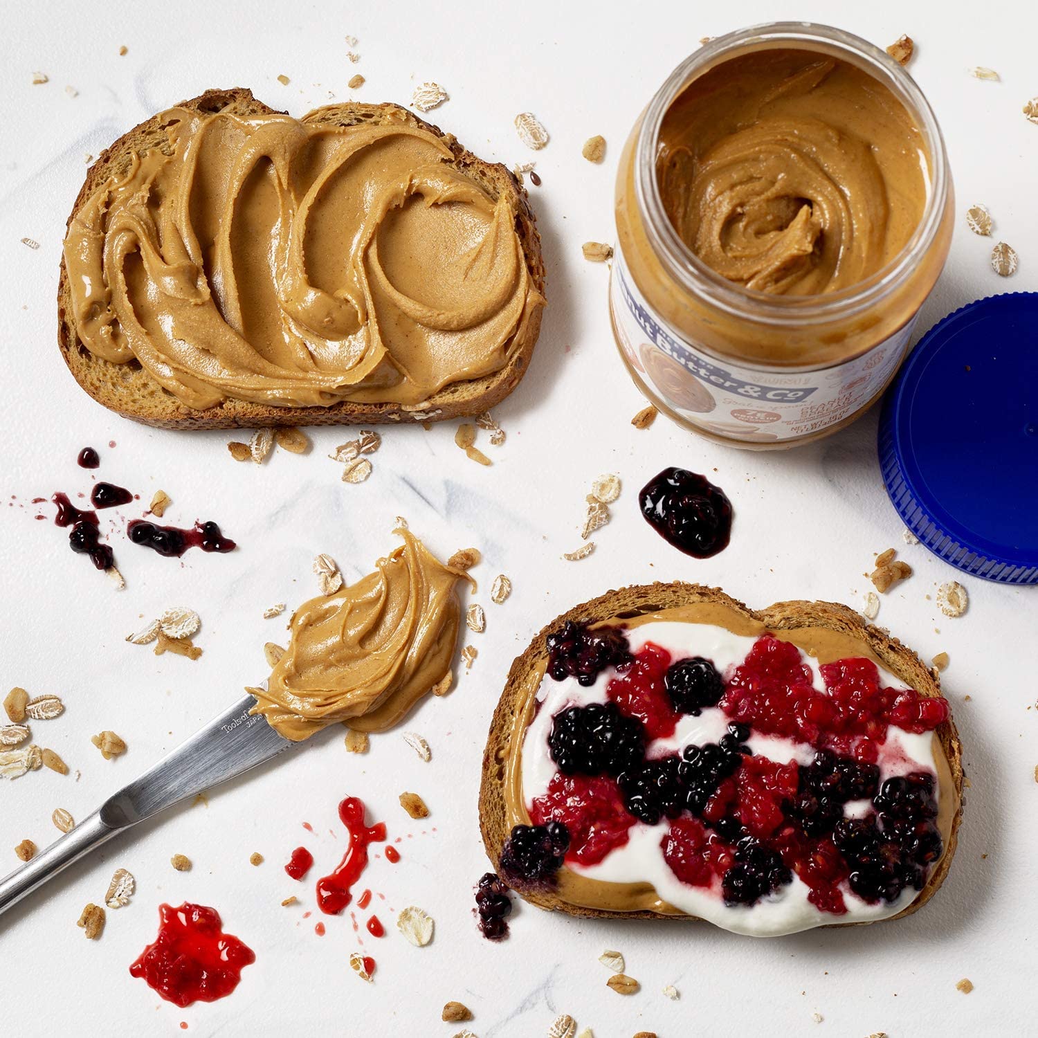 Peanut Butter & Co. jar next to common items showing true size and value
