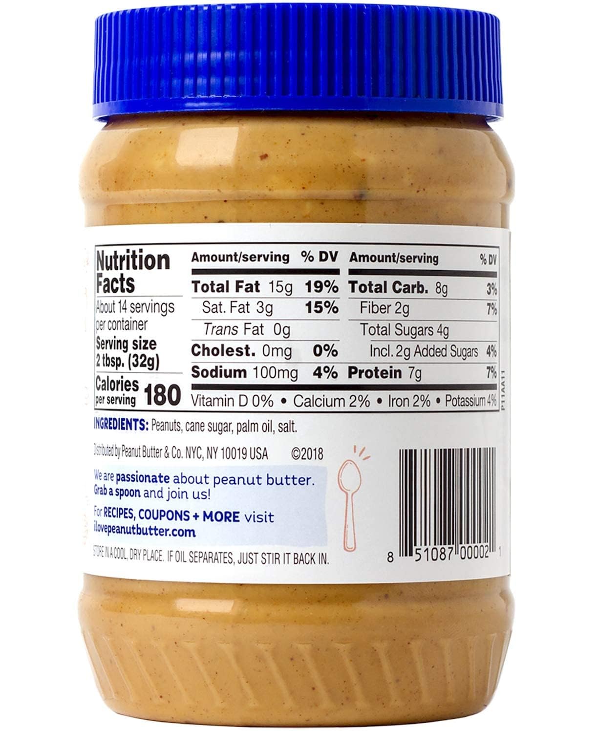 Peanut Butter & Co. open jar top view revealing chunky peanut texture