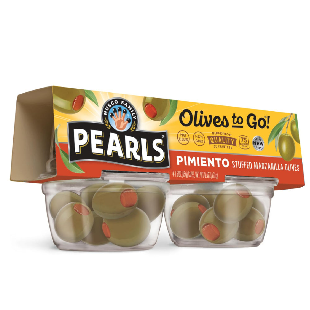 PEARLS front packaging showing four 1.6 oz snack cups and brand