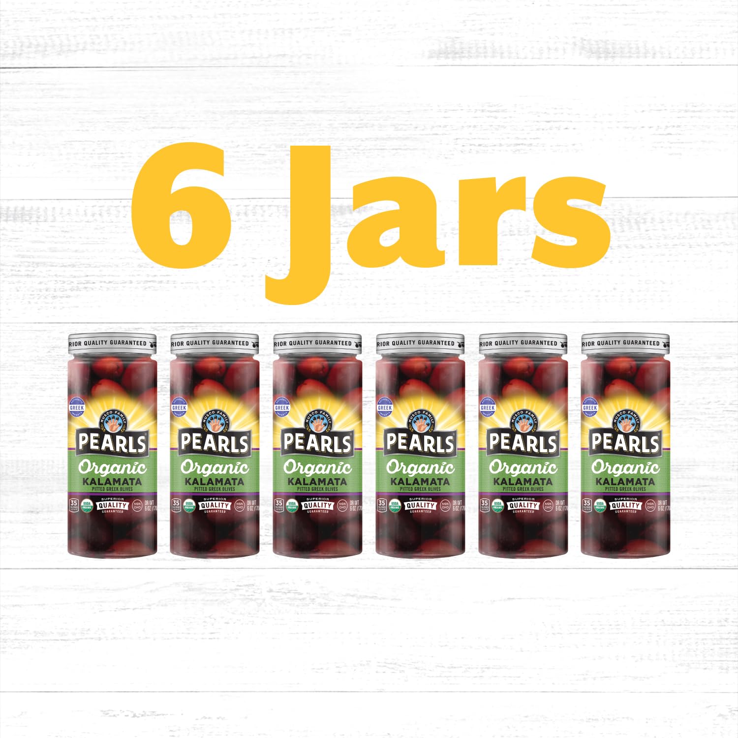 PEARLS jar open with pitted Kalamatas ready to eat for immediate convenience