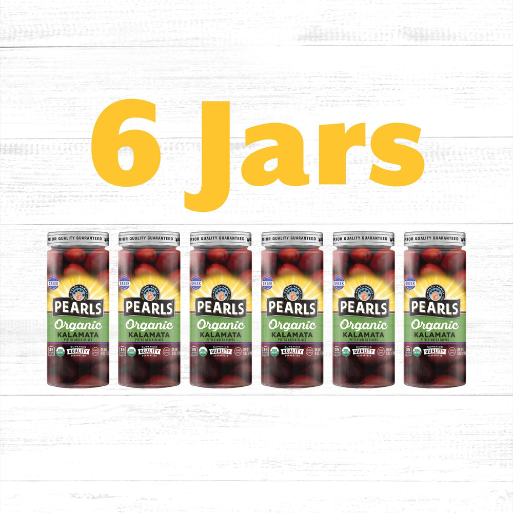 PEARLS jar open with pitted Kalamatas ready to eat for immediate convenience
