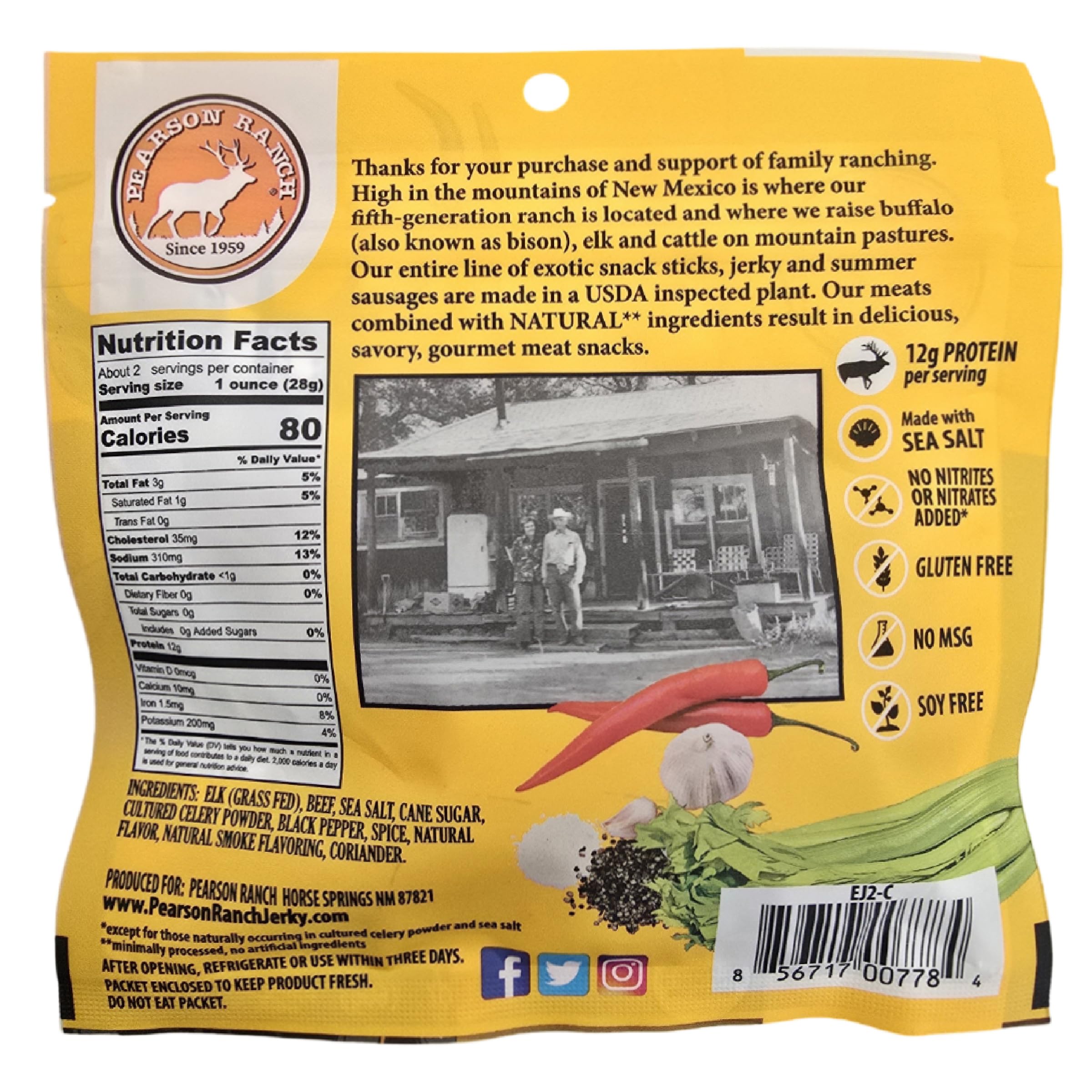 PEARSON RANCH elk jerky open bag with pieces on a board, ready-to-eat high protein snack
