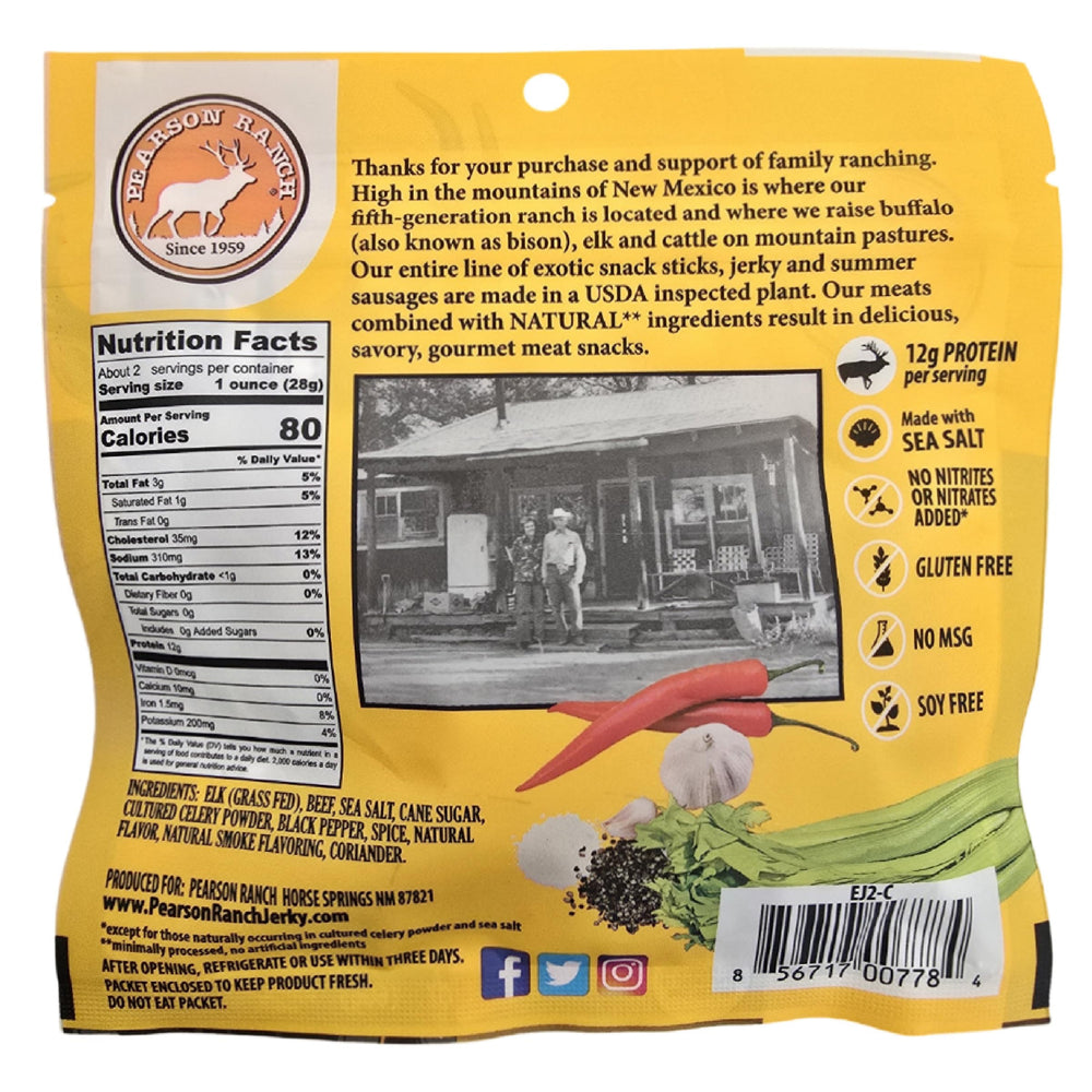 PEARSON RANCH elk jerky open bag with pieces on a board, ready-to-eat high protein snack