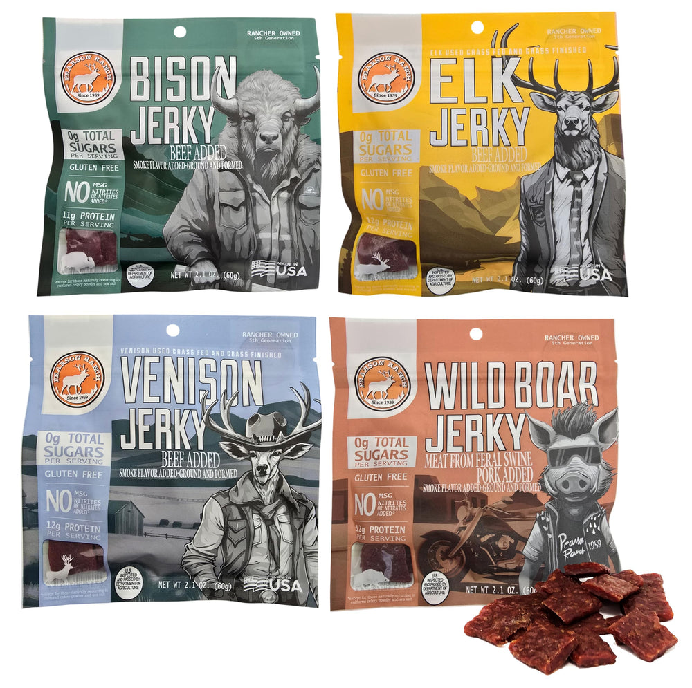 PEARSON RANCH variety pack front view showing four 2.1 oz bags and brand logo, convenient sampling