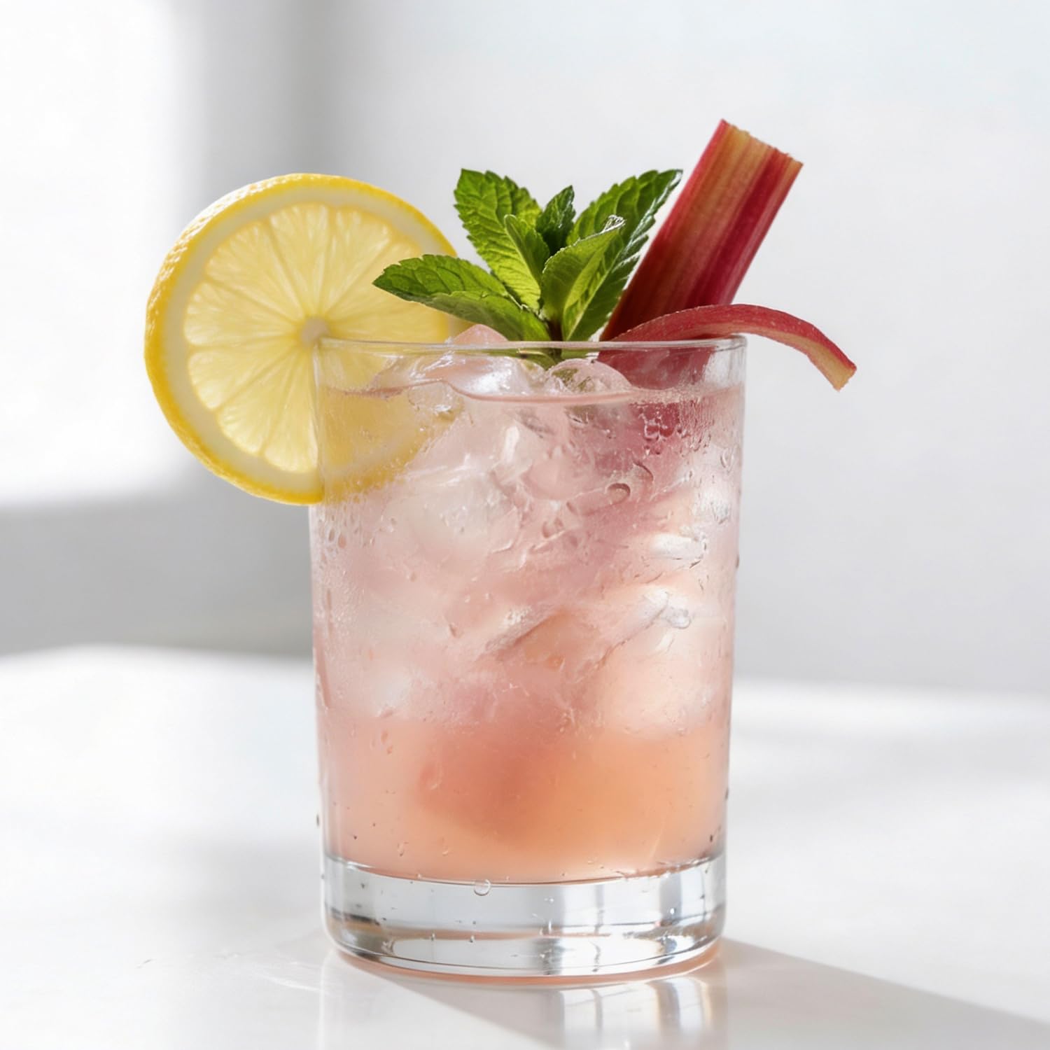 Fresh rhubarb and ginger ingredients next to bottle showing natural botanical flavor