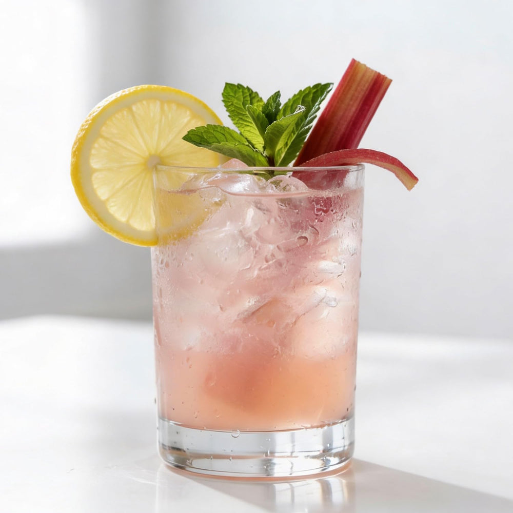 Fresh rhubarb and ginger ingredients next to bottle showing natural botanical flavor