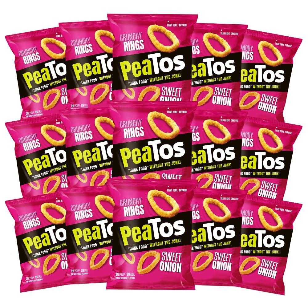 PeaTos front packaging showing sweet onion flavor and nutritional highlights