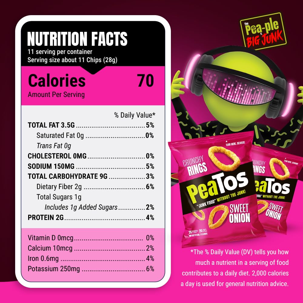 PeaTos open bag showing crunchy rings texture and airy crispness