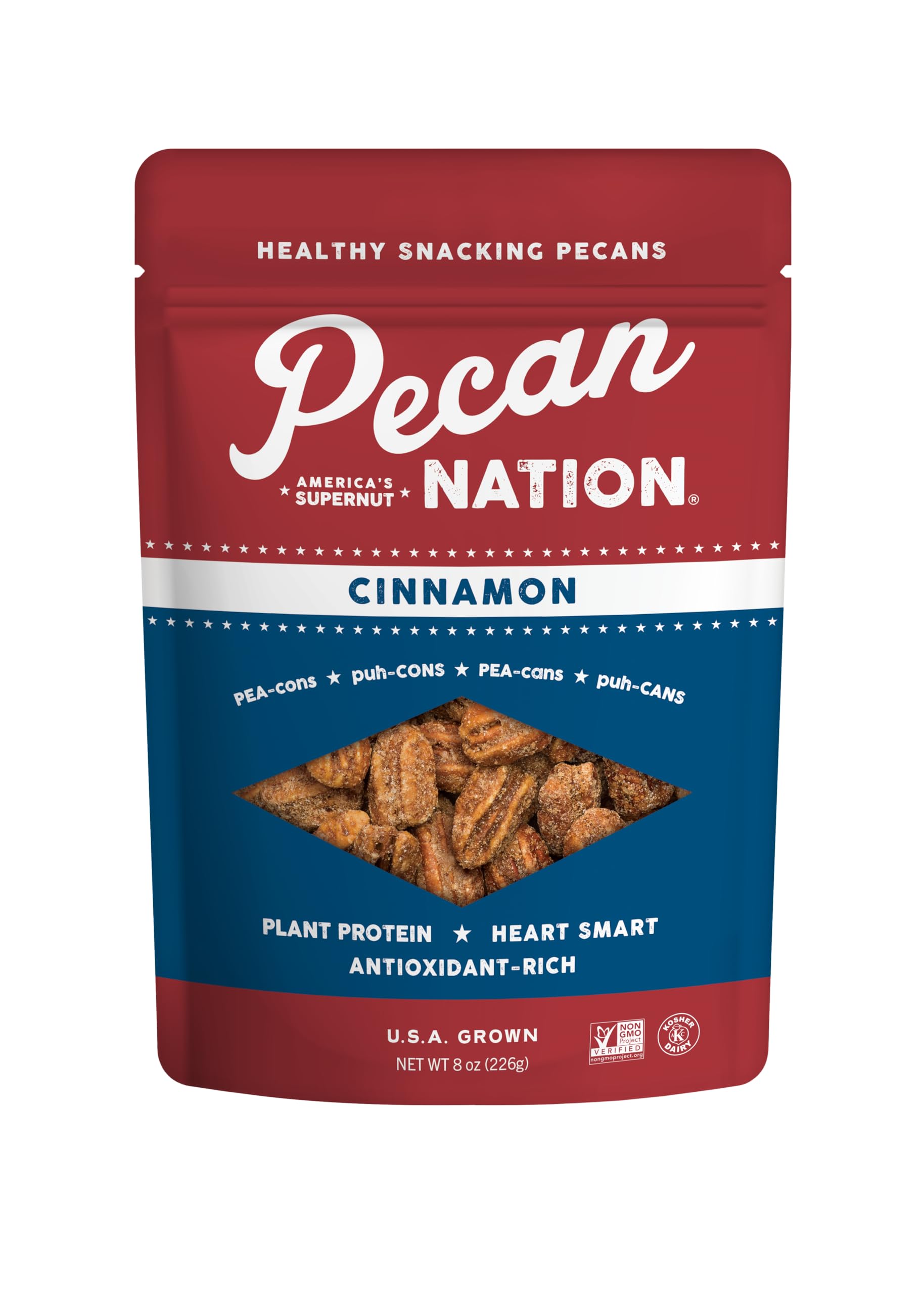 Pecan Nation front packaging showing 8 oz bag and crisp pecans for convenient snacking