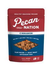 Pecan Nation front packaging showing 8 oz bag and crisp pecans for convenient snacking