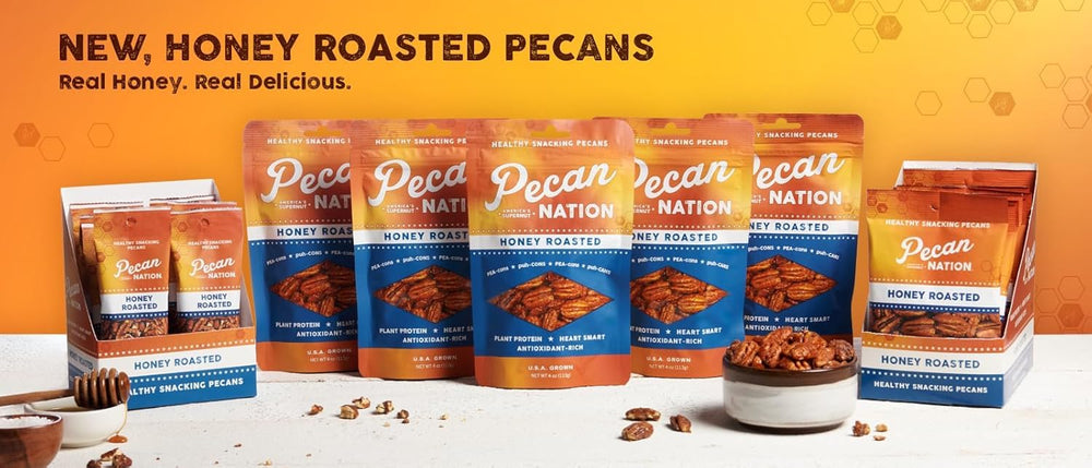 Pecan Nation bag beside ruler for scale showing 16 oz size and pantry-friendly portion