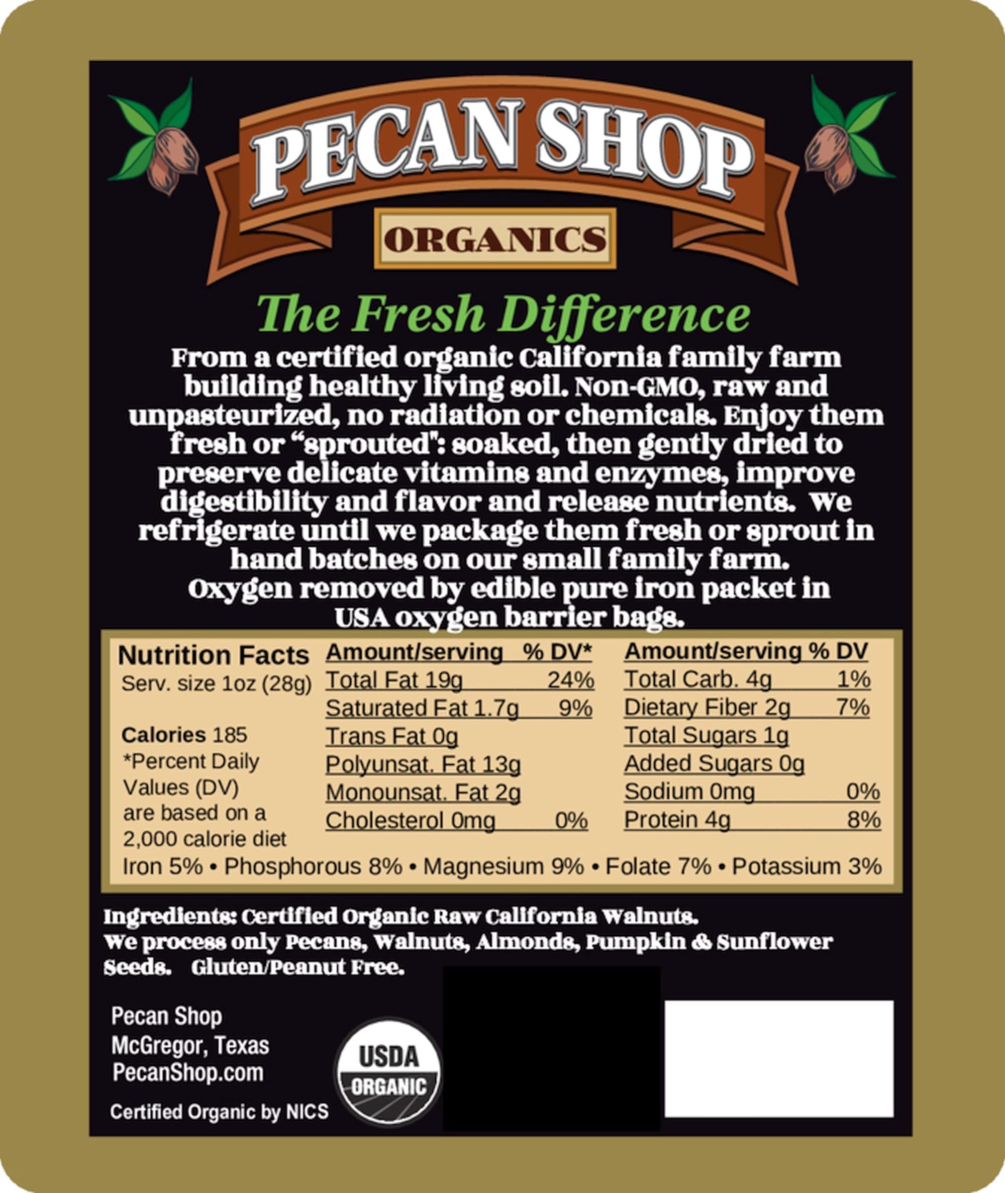Pecan Shop open bag with walnuts pouring into bowl, ready to snack or cook