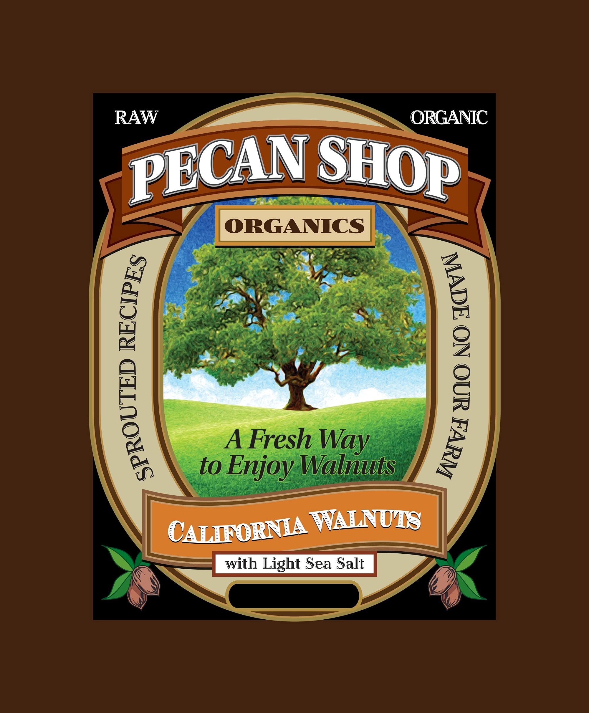 Pecan Shop 2 lb bag beside a measuring scale, demonstrates size and quantity