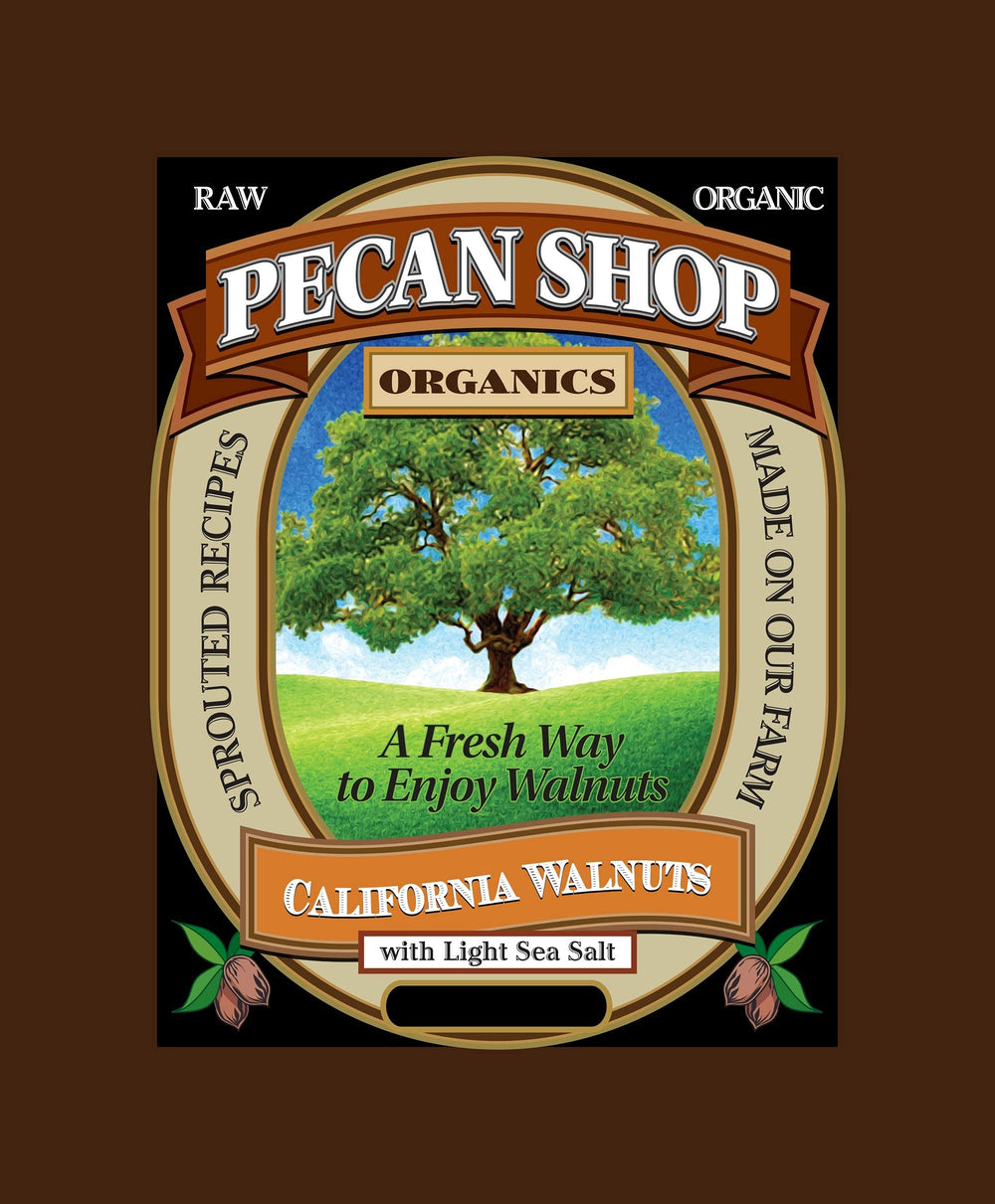 Pecan Shop 2 lb bag beside a measuring scale, demonstrates size and quantity