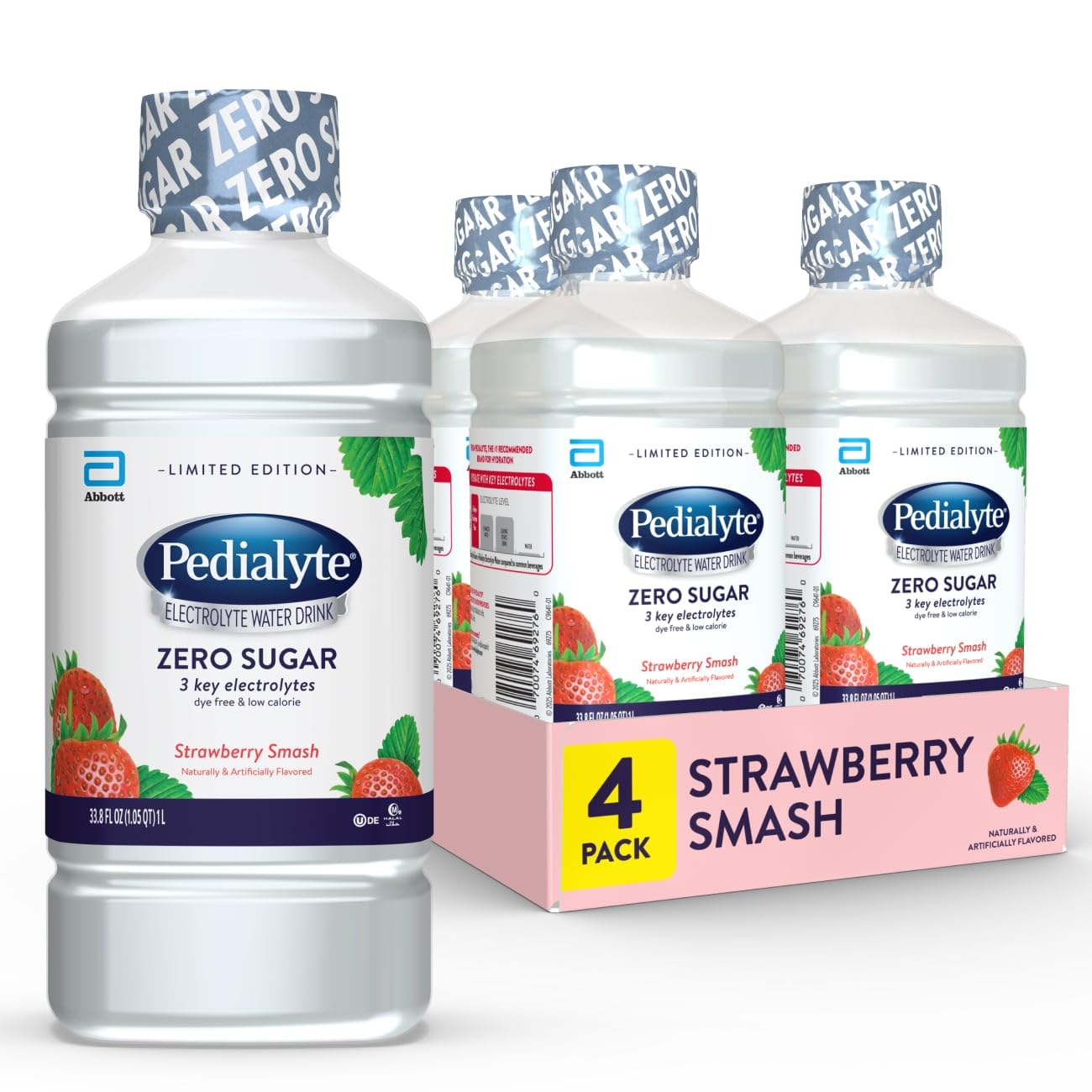 Pedialyte bottle front packaging showing Strawberry Smash and zero sugar benefit