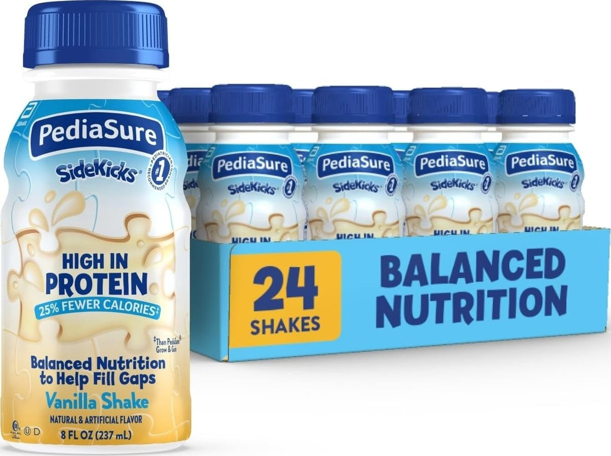 PediaSure SideKicks front packaging showing vanilla cartons and benefits
