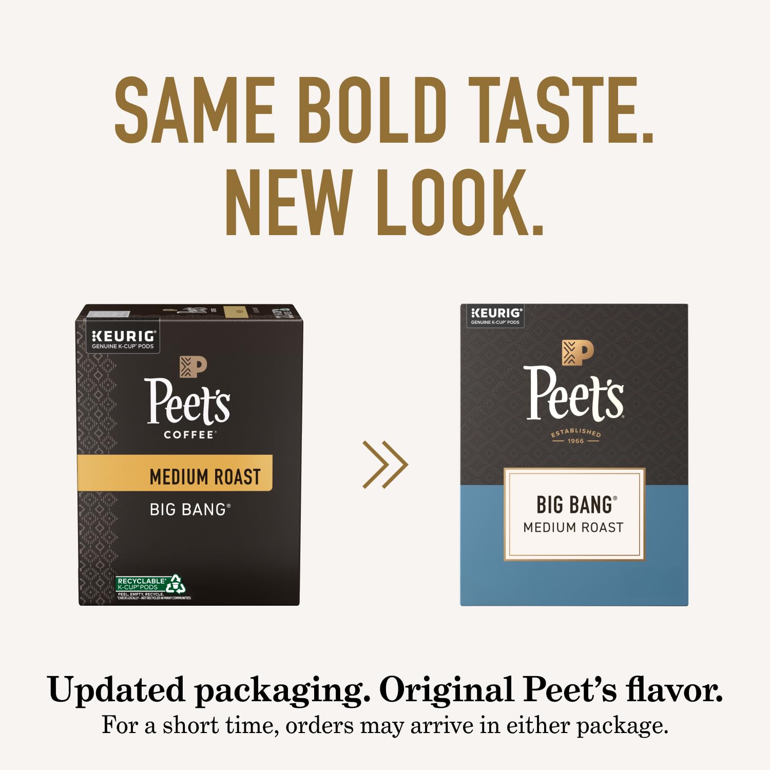 Peet's pods beside roasted beans, shows premium Arabica quality